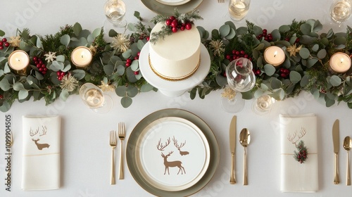 A beautifully arranged dinner table showcases decorative plates with reindeer motifs, surrounded by candles, greenery, and berries, perfect for a holiday gathering