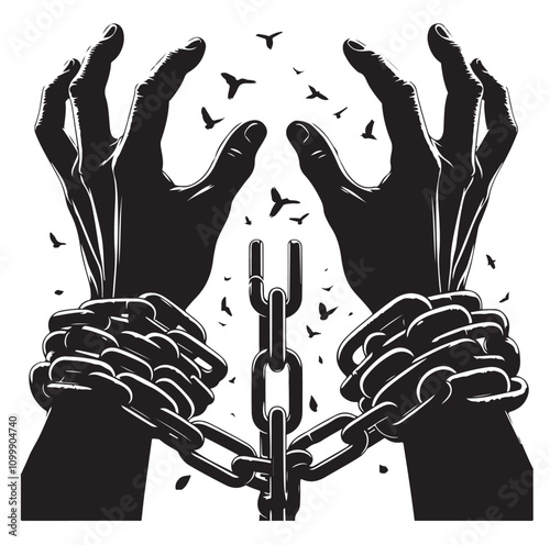 A pair of hands chained to a chain with the text words freedom. vector illustration.