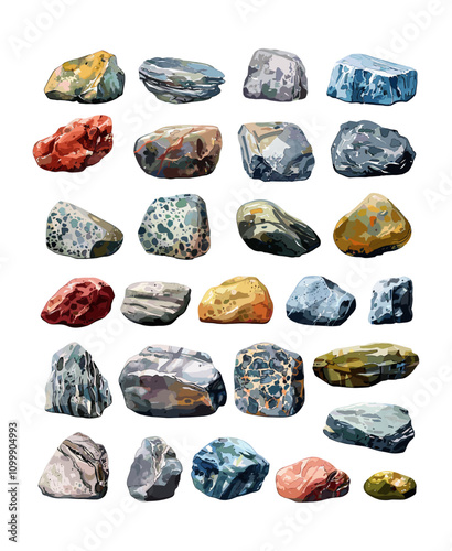 Watercolor boulders. Rocks granite clay with manganese rubble pebbles, quartz stones minerals sandstone shale and gravel cobblestones, isolated vector illustrations on white background