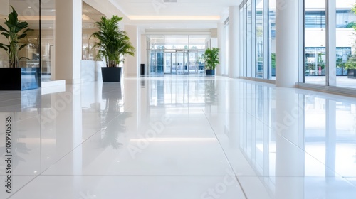 A large, empty room with white tile floors and white walls