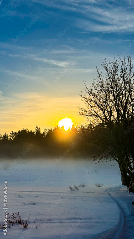 Fototapeta premium sunset, allgäu, evening sky, snow, winter, winter wonderland, christmas, wallpaper, orange, red, blue, field, hill, mountains