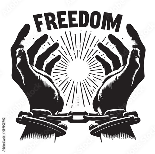 A pair of hands chained to a chain with the text words freedom. vector illustration.