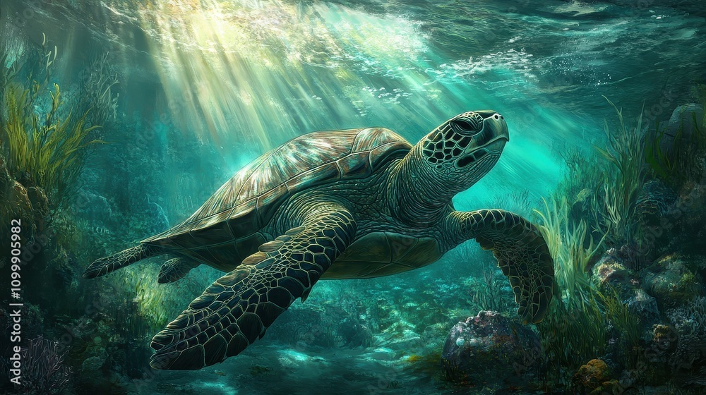 Obraz premium A turtle swimming in the ocean with the sun shining on it