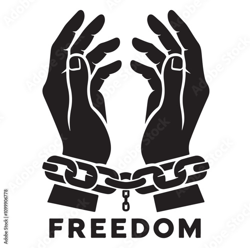 A pair of hands chained to a chain with the text words freedom. vector illustration.