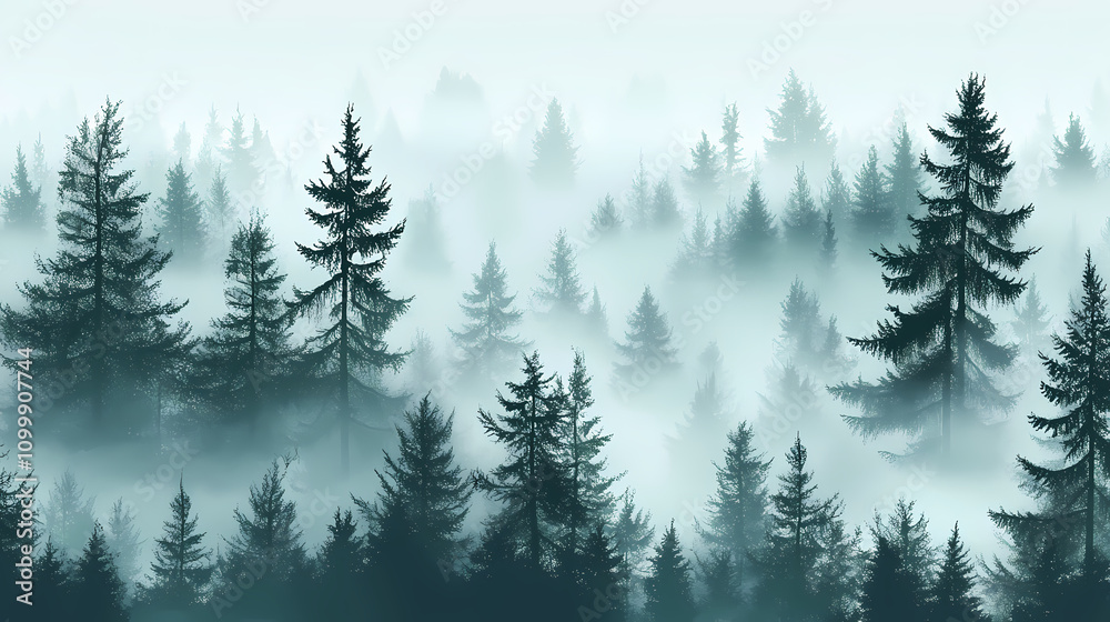Fototapeta premium Misty forest scenes with towering pines and enigmatic fog for a tranquil mysterious atmosphere. Nature. Illustration