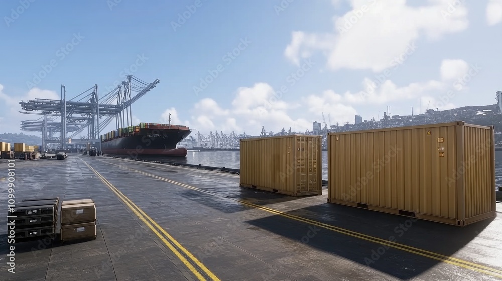Obraz premium Containers stand in organized rows at a busy shipping dock as dusk approaches. Cargo ships are anchored nearby, silhouetted against a vibrant sky filled with clouds