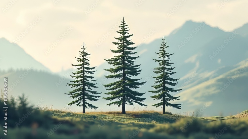 Fototapeta premium Sleek, tilted pine trees; minimalist logo.