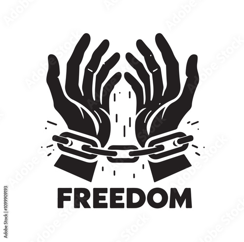 A pair of hands chained to a chain with the text words freedom. vector illustration.