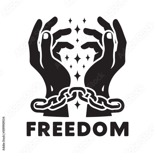 A pair of hands chained to a chain with the text words freedom. vector illustration.