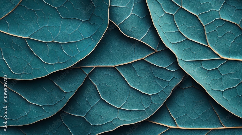 Obraz premium Abstract image of overlapping teal leaves with detailed vein patterns, creating a textured and layered appearance, emphasizing natural forms and organic design elements