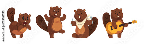 Funny Beaver Character in Different Actions Vector Set