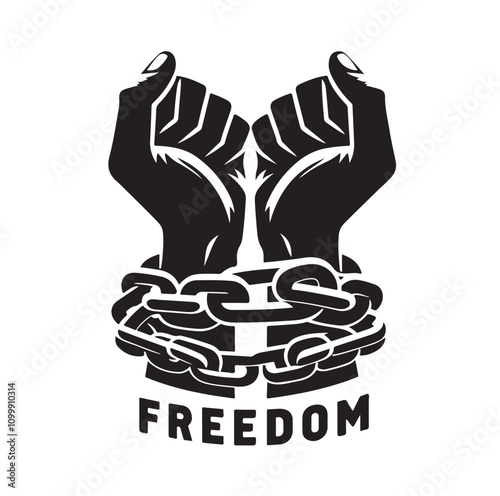 A pair of hands chained to a chain with the text words freedom. vector illustration.
