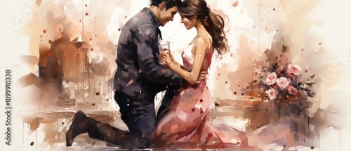 Romantic Marriage Proposal Watercolor Art with Couple Embrace