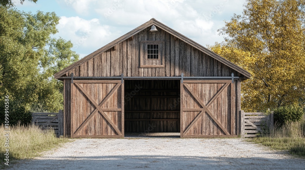 Obraz premium Old wooden barn with open sliding doors on a farm in the countryside