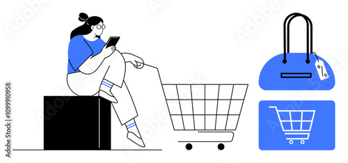 Woman sitting on a block using a smartphone, shopping cart, purse with tag, store icon. Ideal for e-commerce, online shopping, digital retail, mobile commerce, marketing consumer behavior