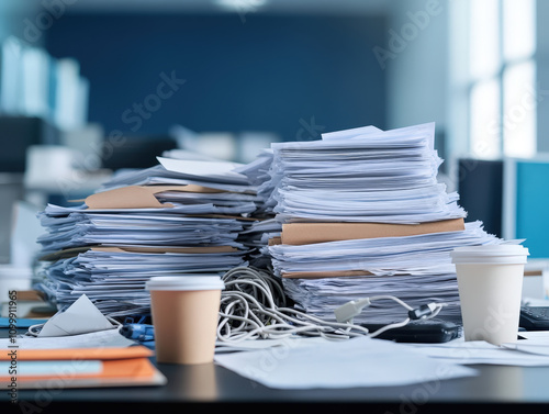 Disorganized Office Desk Buried Under Stacks of Paperwork and Documents in a Busy Work Environment, Perfect for Illustrating Office Chaos and Productivity Challenges