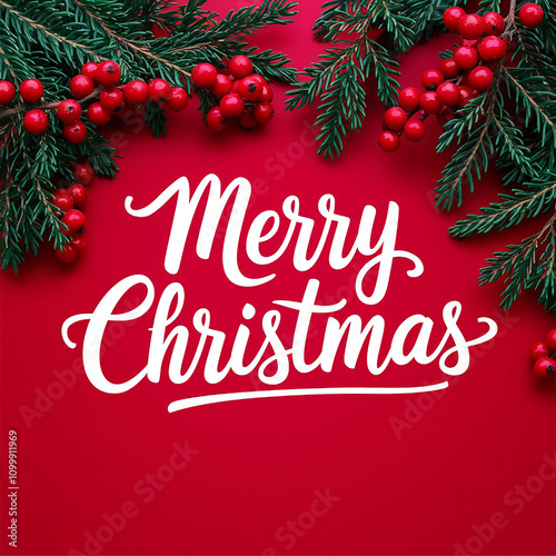 Merry Christmas Text with Christmas Evergreen Branches and Berries in Corner Over red background Background christmas greeting card with ribbon