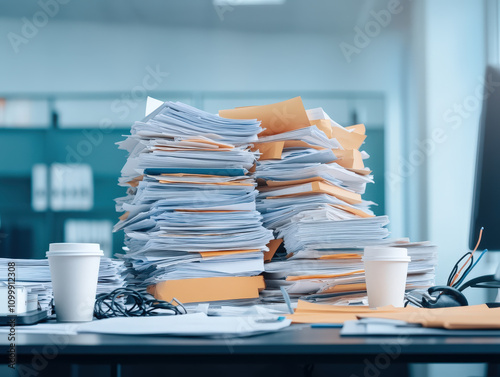 An Office Desk Buried Under Stacks of Unorganized Paperwork in a Busy Workspace with Coffee Cups and Technology in the Background photo