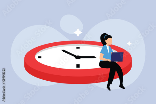 Time Management and Productivity Concept with Woman Using Laptop 2d flat vector illustrations
