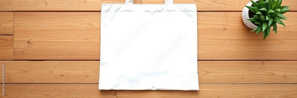Fototapeta premium Canvas tote bag mockup on a wooden table with blank white space for customization, mockup, branding