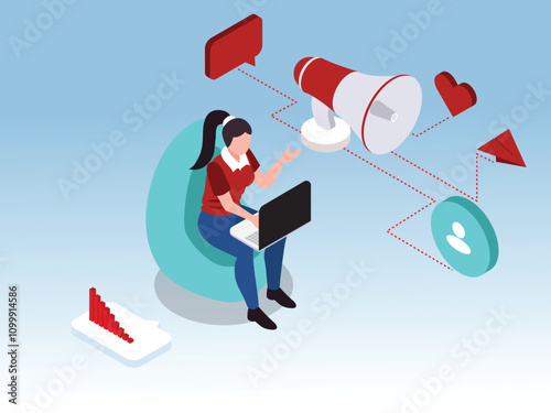 Digital Marketing Concept with Woman Working on Laptop and Social Media Icons 3d isometric vector illustration