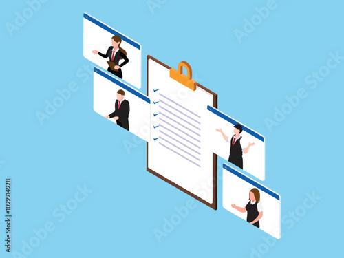 Virtual Collaboration and Task Management with Online Checklist 3d isometric vector illustration