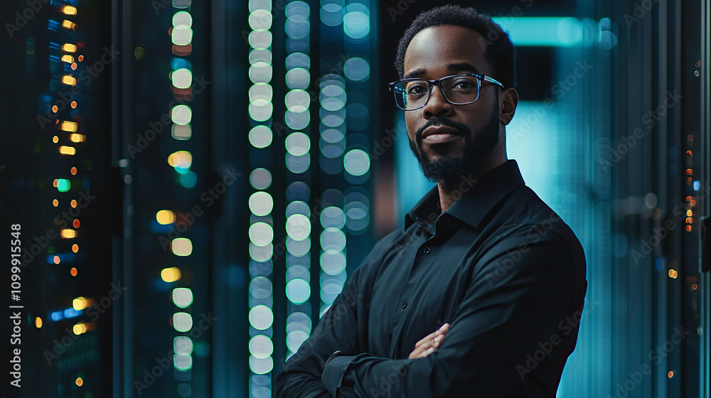 Fototapeta premium Confident IT professional standing in a data center environment