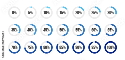 Loading progress bar. Percentage circle set. Loading indicator set. 5 10 15 20 25 30 35 40 45 50 55 60 65 70 75 80 85 90 95 percent. Ready-to-use for web design, user interface UI or infographic.