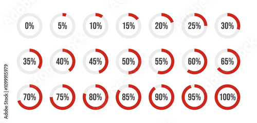 Loading progress bar. Percentage circle set. Loading indicator set. 5 10 15 20 25 30 35 40 45 50 55 60 65 70 75 80 85 90 95 percent. Ready-to-use for web design, user interface UI or infographic.