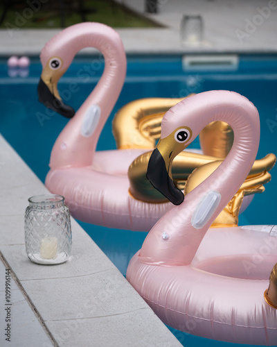 flotadores inflables con forma de flamenco rosa y detalles dorados flotando en una piscina azul photo