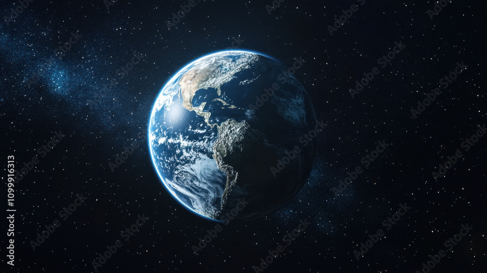 Naklejka premium Moon's Role in Tides. A stunning view of Earth from space, showcasing its vibrant oceans and landmasses against a backdrop of stars.