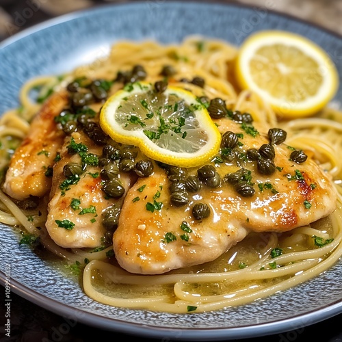 Delectable Shrimp Pasta Dish with Lemon and Herb Sauce on a Plate