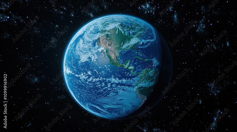 Obraz premium Moon's Role in Tides. A stunning view of Earth from space, showcasing its vibrant colors and distinct continents against a backdrop of dark, starry cosmos.