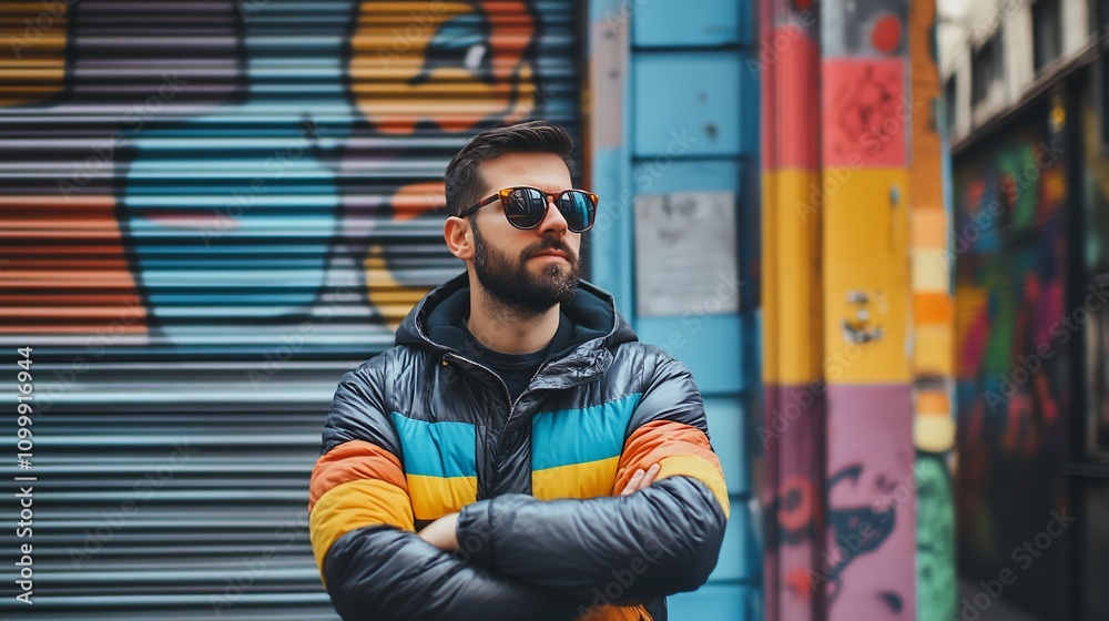 Fototapeta premium Stylish man with arms crossed, standing against colorful graffiti wall.