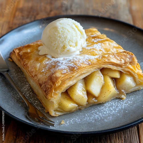 Freshly Baked Apple Pie Slice with Ice Cream Scoop on Rustic Wooden Table