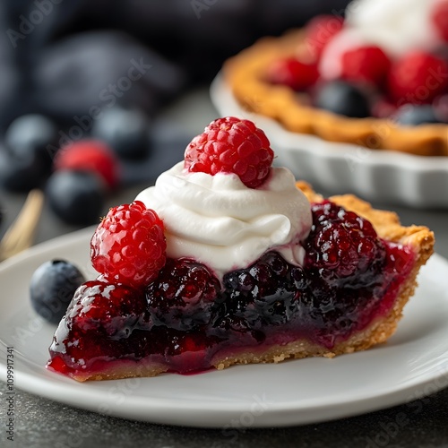 Homemade Raspberry and Blueberry Tart with Whipped Cream Topping on Rustic Plate