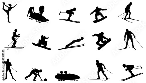 Winter sports characters silhouette. Snowboard, ski and skating. Outdoor winter activity, snowboarders, skiers. Extreme sport group, kicky healthy vector lifestyle photo