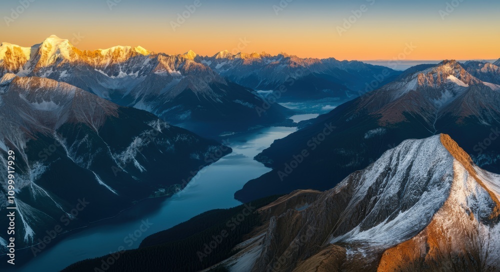 Fototapeta premium Majestic Sunrise Alpine Lake, SnowCapped Mountains, Golden Hour