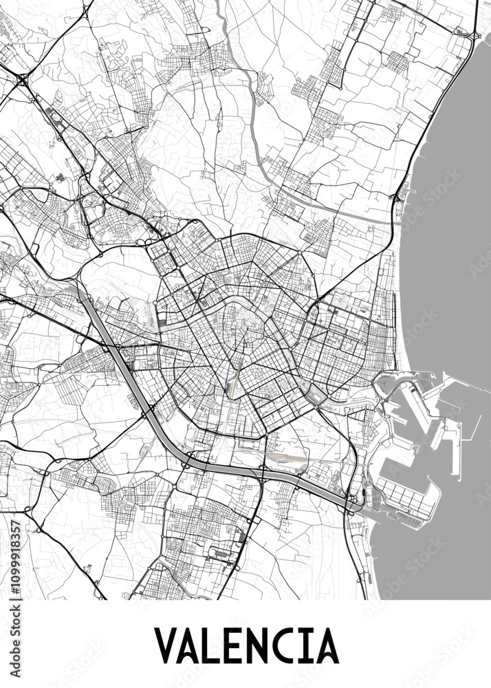 Obraz premium A detailed black and white map of Valencia, Spain, showcasing the city's intricate street network and surrounding areas. The map highlights major roads, smaller streets, and the coastline.