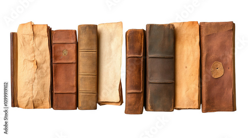 row of vintage books with worn covers and aged pages, showcasing sense of history and timeless knowledge. books are arranged neatly, inviting curiosity and exploration photo