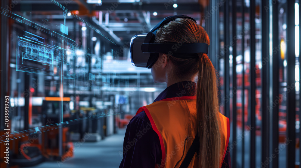 Obraz premium AR/VR work training simulation with a trainee wearing VR goggles and interacting with a virtual task environment
