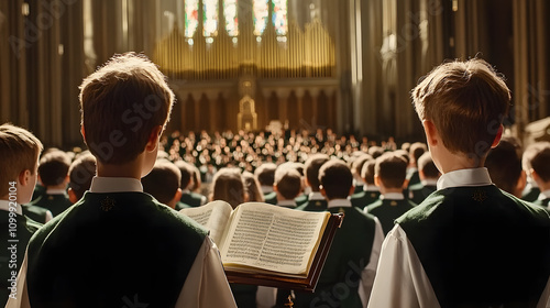 Church choir concert in cathedral, choral artists singing, group of European boys and girls singing in a chorus, students and choristers in white and green uniform performing on stage with conductor