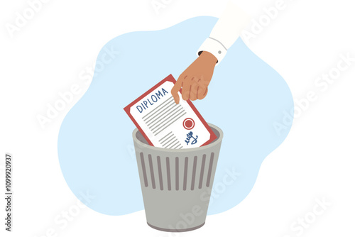 Academic diploma of education in hand graduate throwing document from university in trash. Problem low-quality education and lack of demand among employers among people who have graduated from college