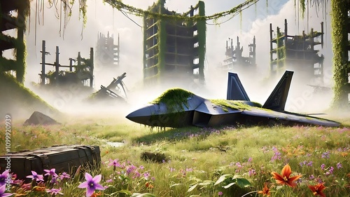 Realistic illustration mighty F-22 Raptor was abandoned after post-apocalyptic war