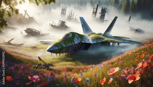 Realistic illustration mighty F-22 Raptor was abandoned after post-apocalyptic war