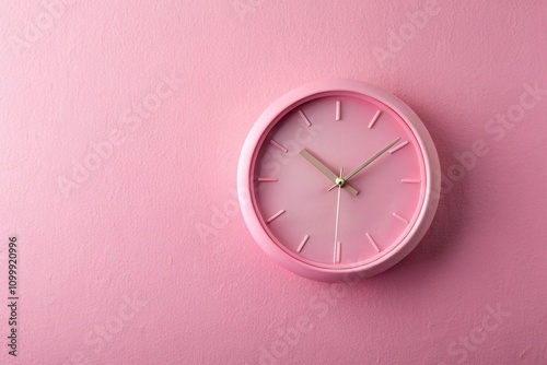 A pink clock hanged on pink wall
