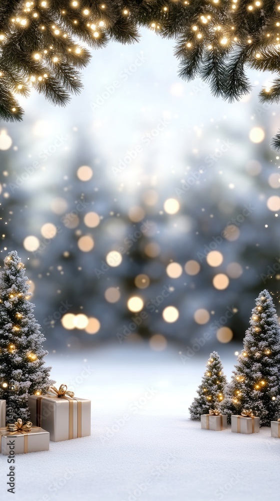 Obraz premium Beautifully wrapped Christmas gifts sit among small evergreen trees, illuminated by soft, warm lights in a cozy holiday setting, evoking the spirit of celebration