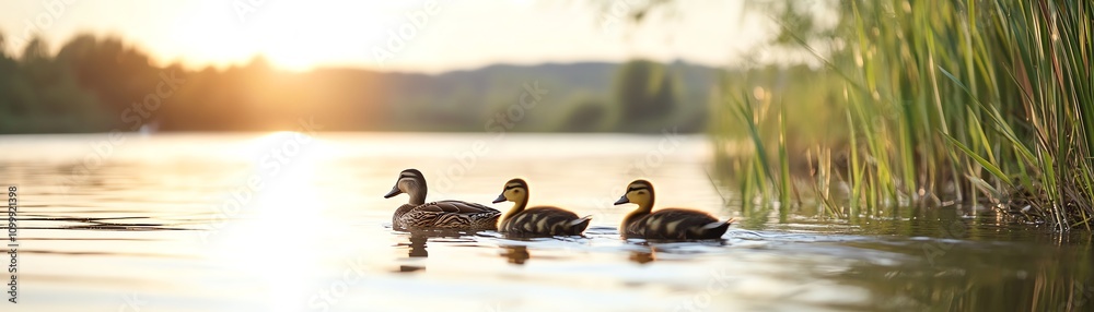 A family of ducks swimming in a calm pond surrounded by reeds