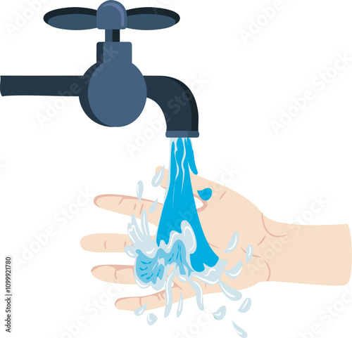 Washing Hand Under Running Faucet with Water Splash Illustration