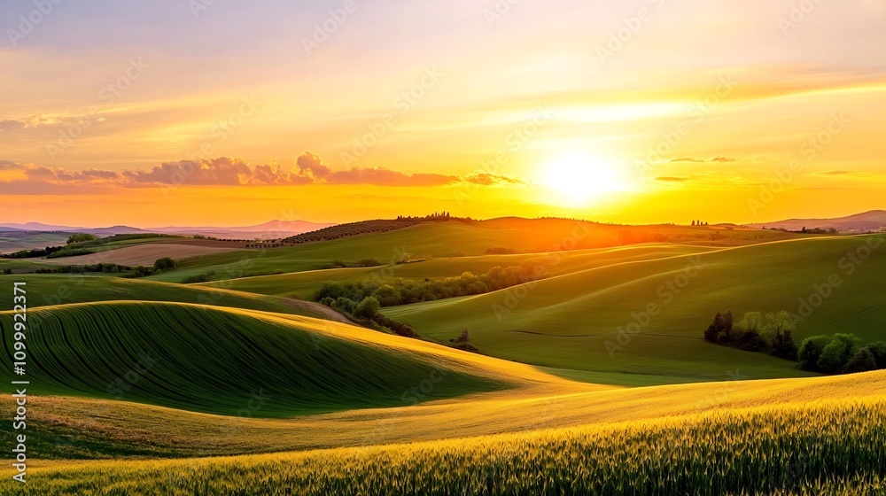 Obraz premium Picturesque Agricultural Fields Under Golden Sunset Landscape